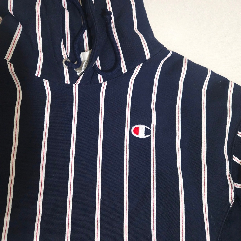 Womens Champion Reverse Weave Striped Hoodie Navy Blue White Large Sweatshirt - Picture 3 of 7